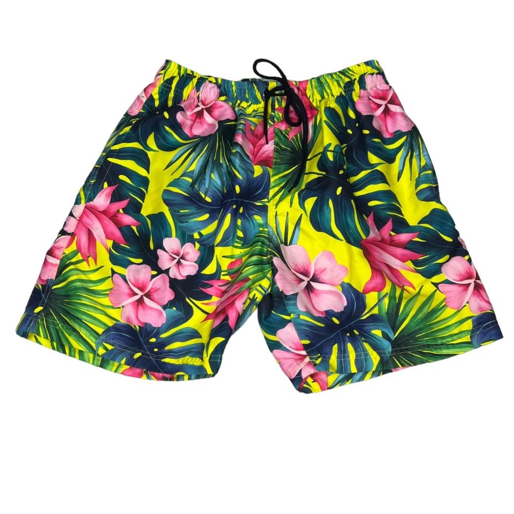US Surf Club Swimwear Short Mens Medium Yellow Pink Floral Tropical Trunk Mesh L